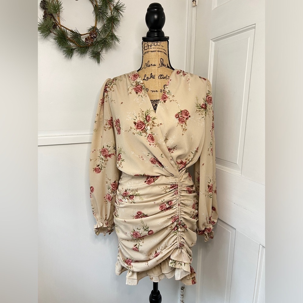 En Saison Floral Faux Wrap Ruched Mini Dress